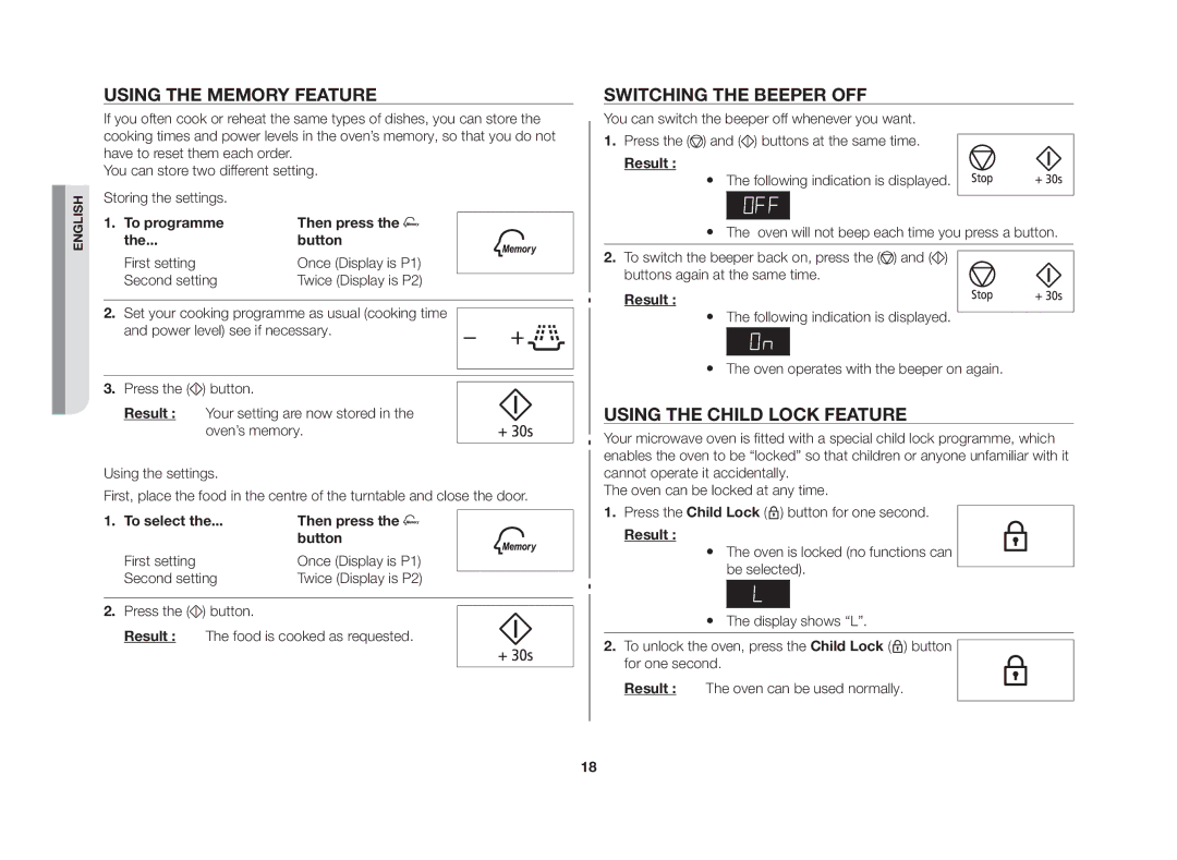 Samsung MW86N-S/XSV manual Using the memory feature, Switching the beeper off, Using the child lock feature, Second setting 