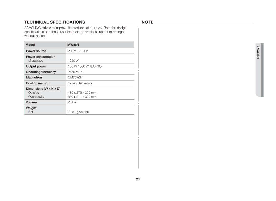 Samsung MW86N-S/XSV manual Technical specifications, Model 