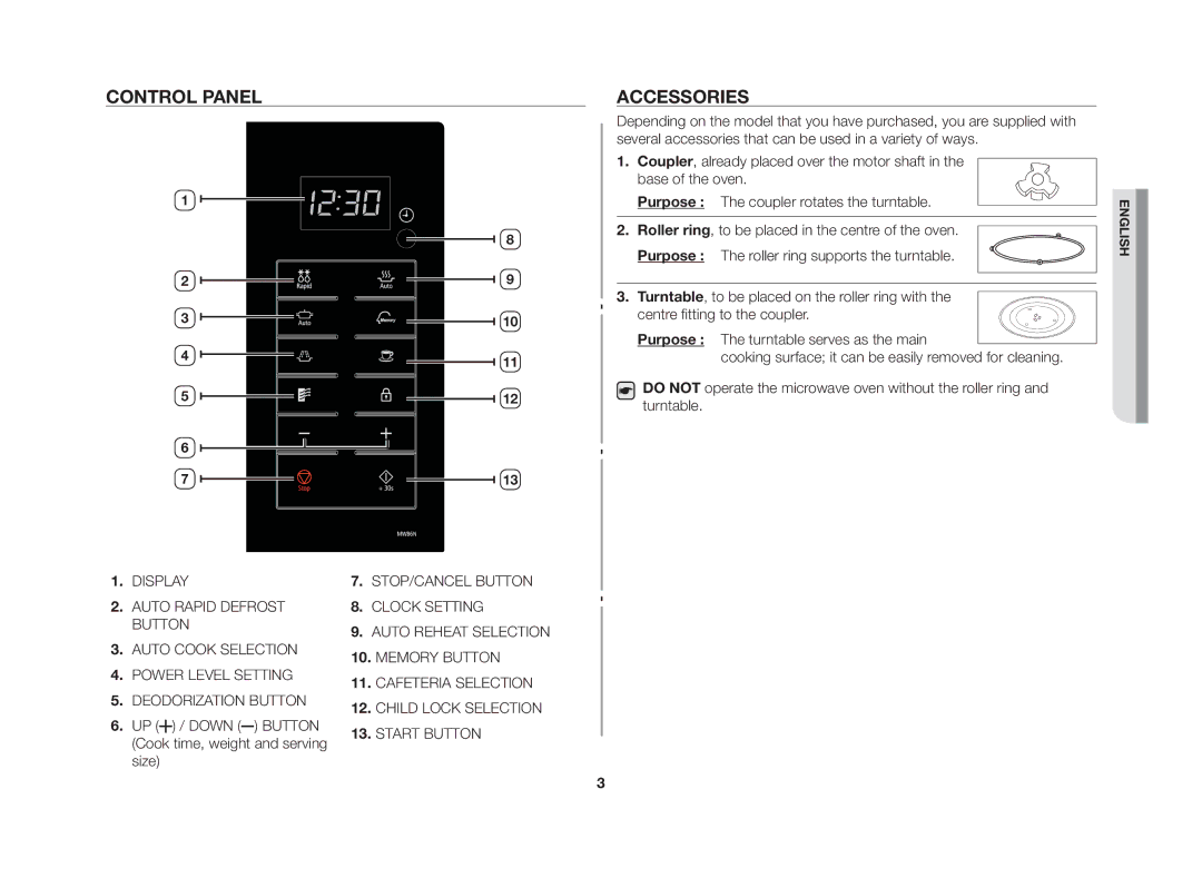 Samsung MW86N-S/XSV manual Control panel Accessories 