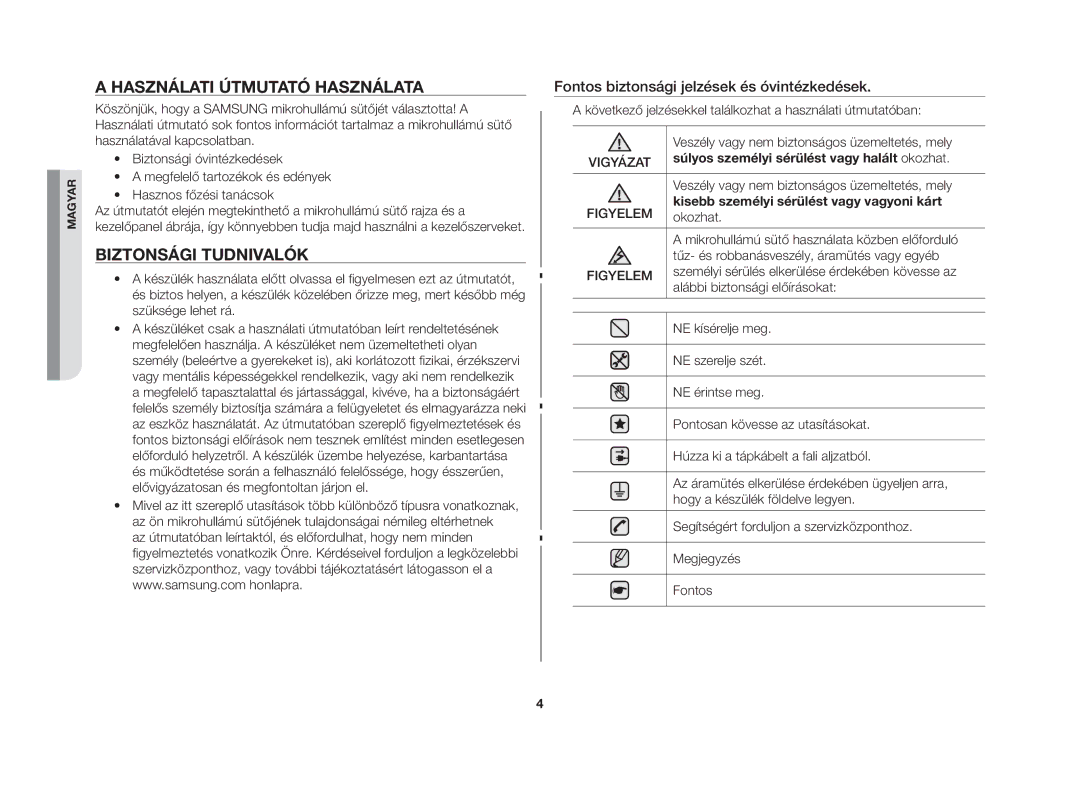 Samsung MW86N-SX/XEH manual Használati útmutató használata, Biztonsági tudnivalók 