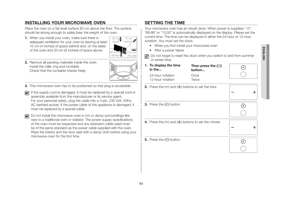 Samsung MW86N-SX/XEH manual Installing your microwave oven, Setting the time, To display the time, Then press Button 