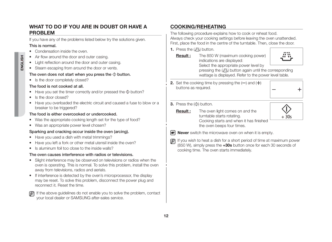 Samsung MW86N-SX/XEH manual What to do if you are in doubt or have a problem, Cooking/Reheating 