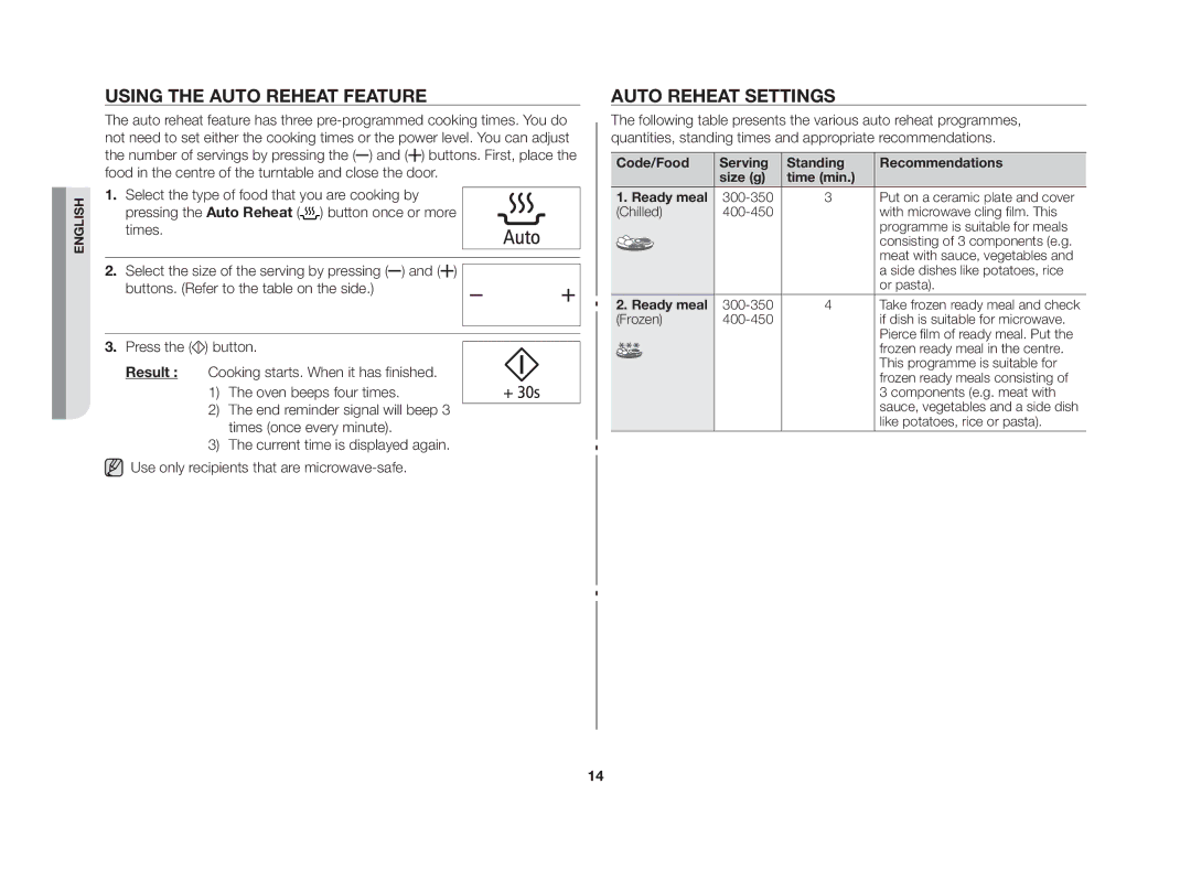 Samsung MW86N-SX/XEH manual Using the auto reheat feature, Auto reheat settings 