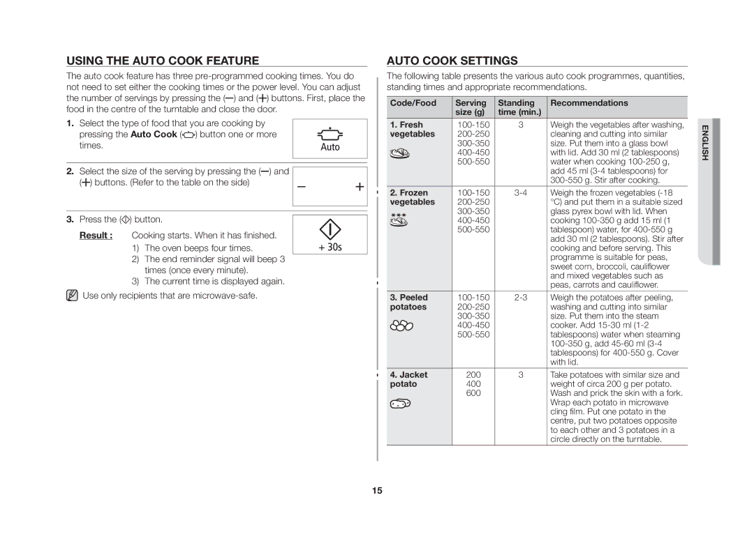 Samsung MW86N-SX/XEH manual Using the auto cook feature, Auto cook settings 