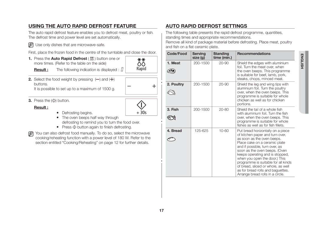 Samsung MW86N-SX/XEH manual Using the auto rapid defrost feature, Auto rapid defrost settings, Result 