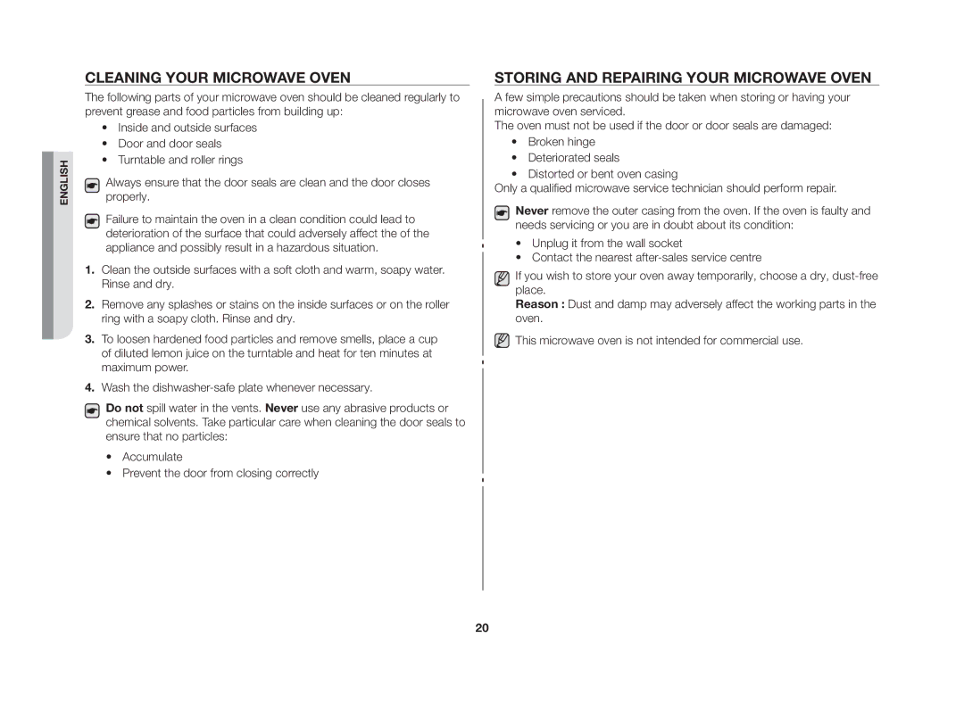 Samsung MW86N-SX/XEH manual Cleaning your microwave oven, Storing and repairing your microwave oven 