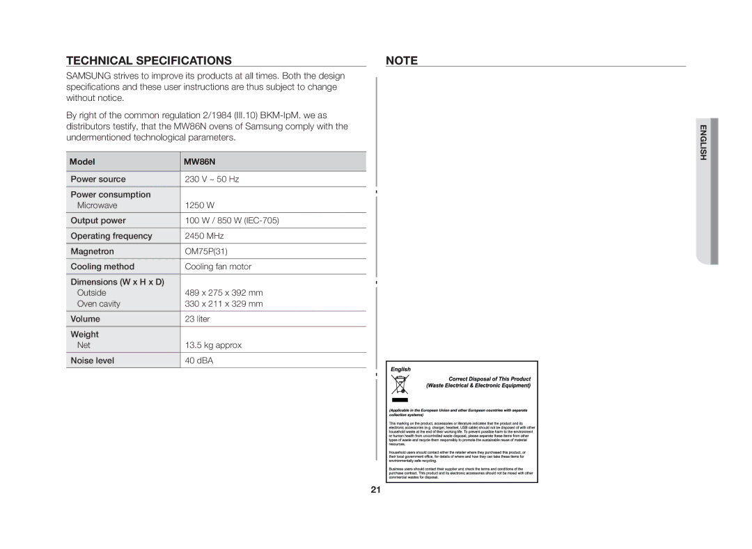 Samsung MW86N-SX/XEH manual Technical specifications, Model 