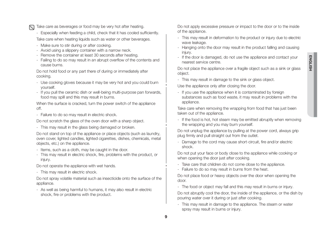 Samsung MW86N-SX/XEH manual Take care as beverages or food may be very hot after heating 