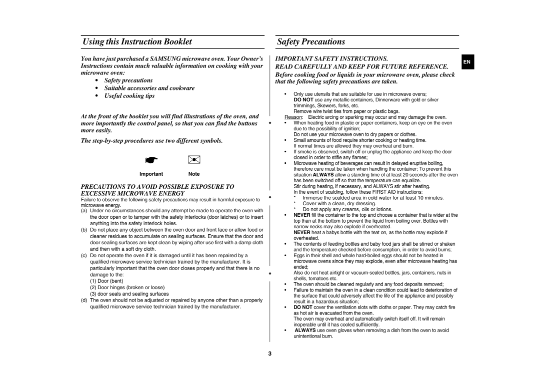 Samsung MW86N/XEE manual Using this Instruction Booklet, Safety Precautions, Important Note 