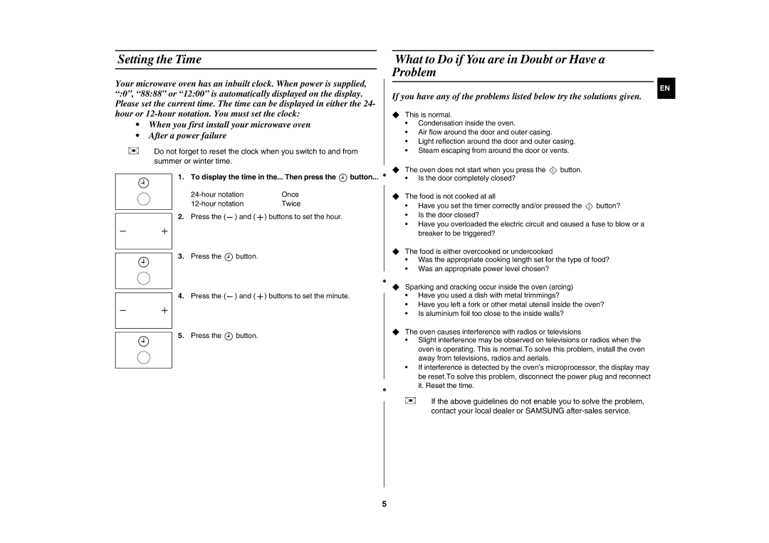 Samsung MW86N/XEE manual Setting the Time, What to Do if You are in Doubt or Have a Problem, Hour notation Once Twice Press 