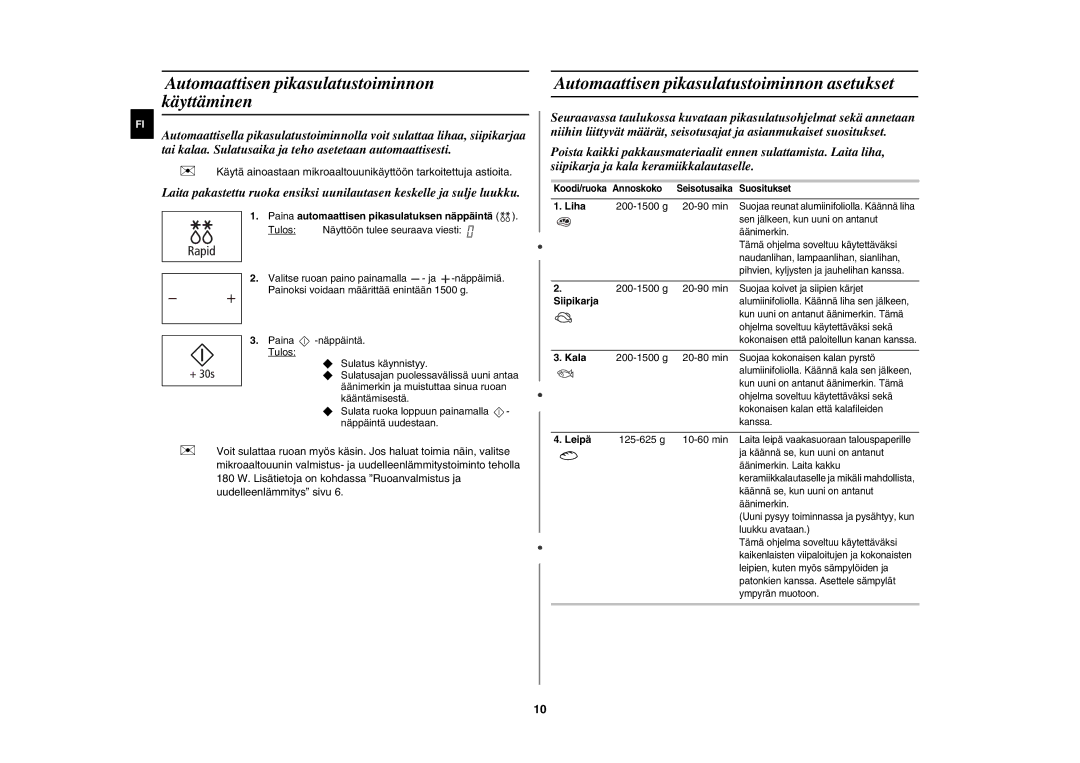 Samsung MW86N/XEE manual Automaattisen pikasulatustoiminnon käyttäminen, Automaattisen pikasulatustoiminnon asetukset 