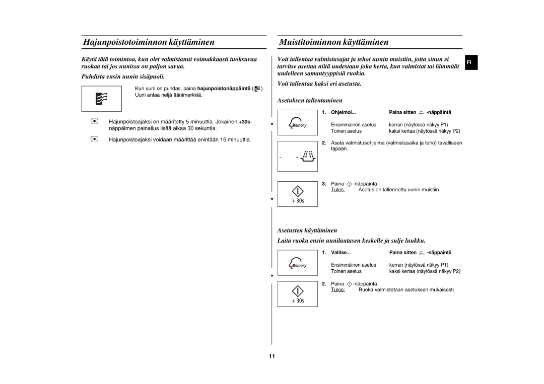 Samsung MW86N/XEE manual Hajunpoistotoiminnon käyttäminen, Muistitoiminnon käyttäminen 