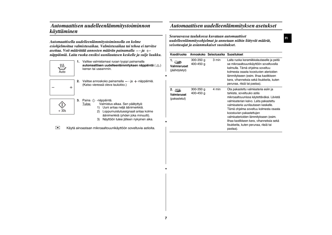 Samsung MW86N/XEE manual Automaattisen uudelleenlämmitystoiminnon käyttäminen, Automaattisen uudelleenlämmityksen asetukset 