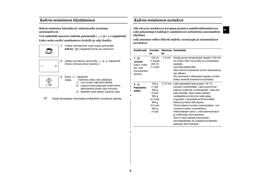 Samsung MW86N/XEE manual Kahvio-toiminnon käyttäminen, Kahvio-toiminnon asetukset, Juomat, Pakastettu, Kakku 