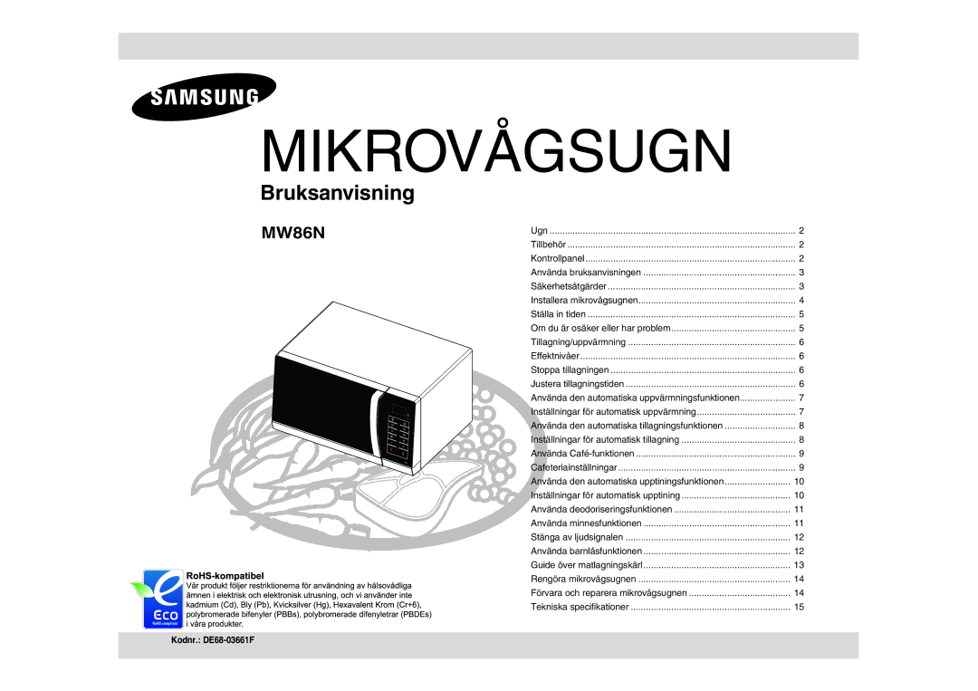 Samsung MW86N/XEE manual Mikrovågsugn, Kodnr. DE68-03661F 