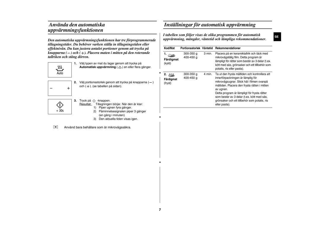 Samsung MW86N/XEE manual Inställningar för automatisk uppvärmning, Färdigmat, 400-450 g, 300-350 g 