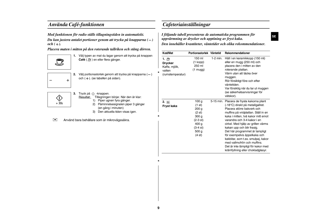 Samsung MW86N/XEE manual Använda Café-funktionen, Cafeteriainställningar, Drycker, Fryst kaka 