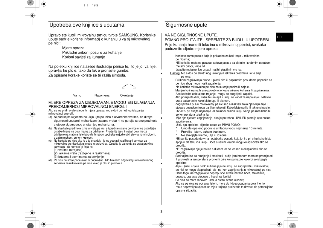 Samsung MW86N/FAL, MW86N/XSG manual Upotreba ove knjižice s uputama, Sigurnosne upute, VažnoNapomena Okretanje 