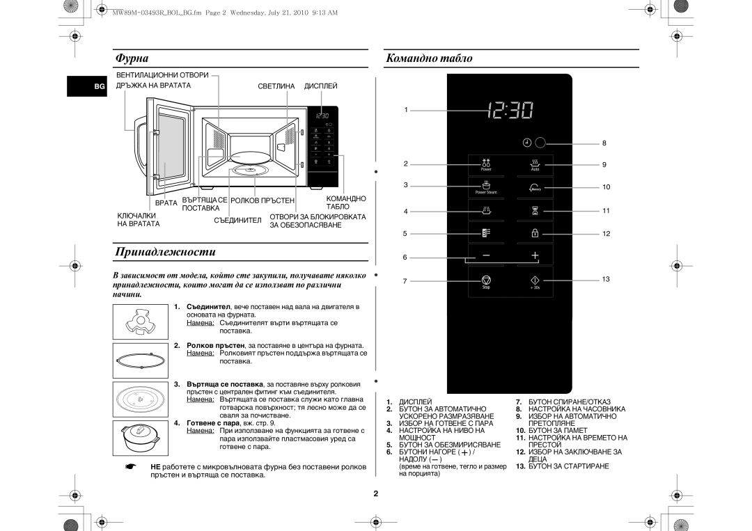 Samsung MW86N/XSG, MW86N/FAL manual Принадлежности, Фурна, Командно табло, Готвене с пара, вж. стр 