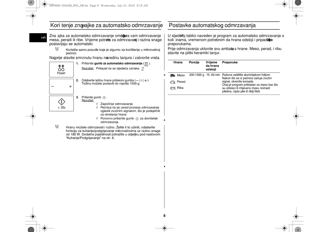 Samsung MW86N/XSG, MW86N/FAL manual Korištenje značajke za automatsko odmrzavanje, Postavke automatskog odmrzavanja 