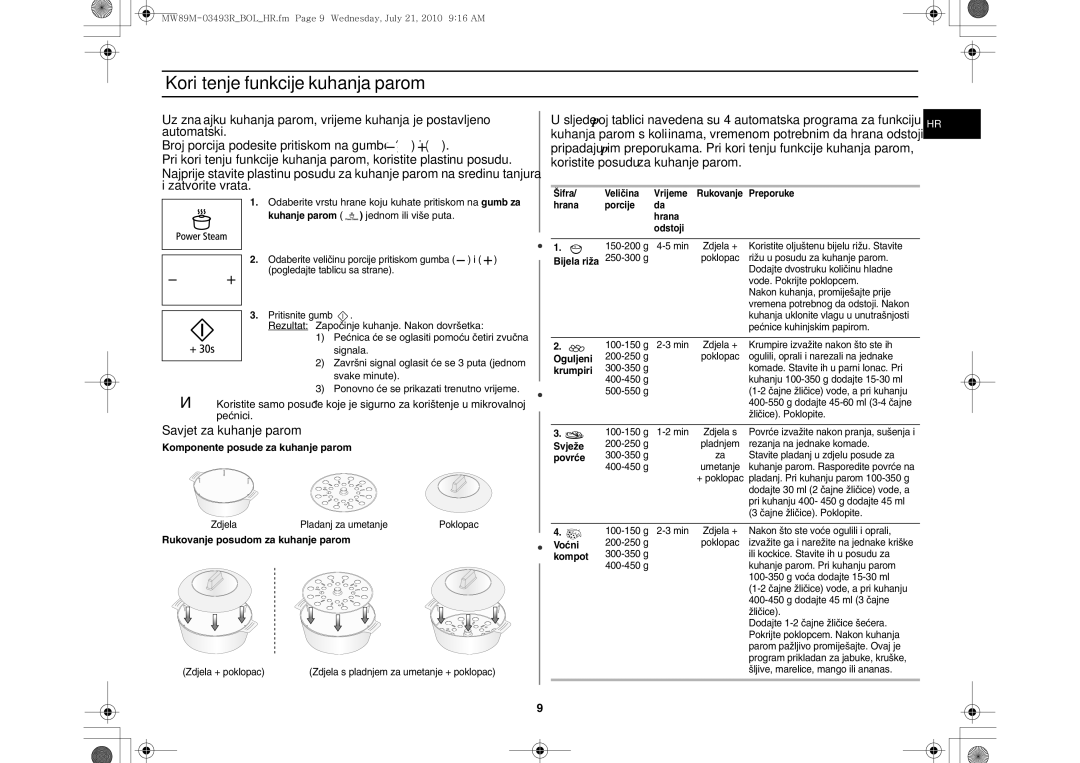 Samsung MW86N/FAL manual Korištenje funkcije kuhanja parom, Savjet za kuhanje parom, Komponente posude za kuhanje parom 