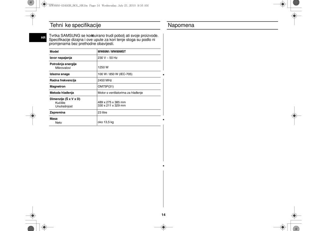 Samsung MW86N/XSG, MW86N/FAL manual Tehničke specifikacije Napomena 