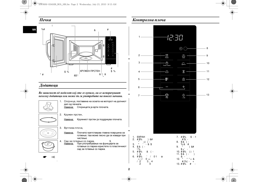 Samsung MW86N/XSG, MW86N/FAL manual Печка, Контролна плоча, Додатоци, Намена Кружниот прстен ја поддржува плочата 