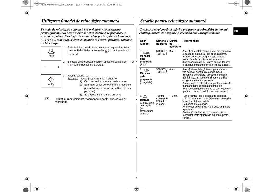 Samsung MW86N/FAL manual Cod Dimensiu Durată Recomandări Aliment Ne porţie Așteptare, Mâncare, Gata, Preparată, Băuturi 