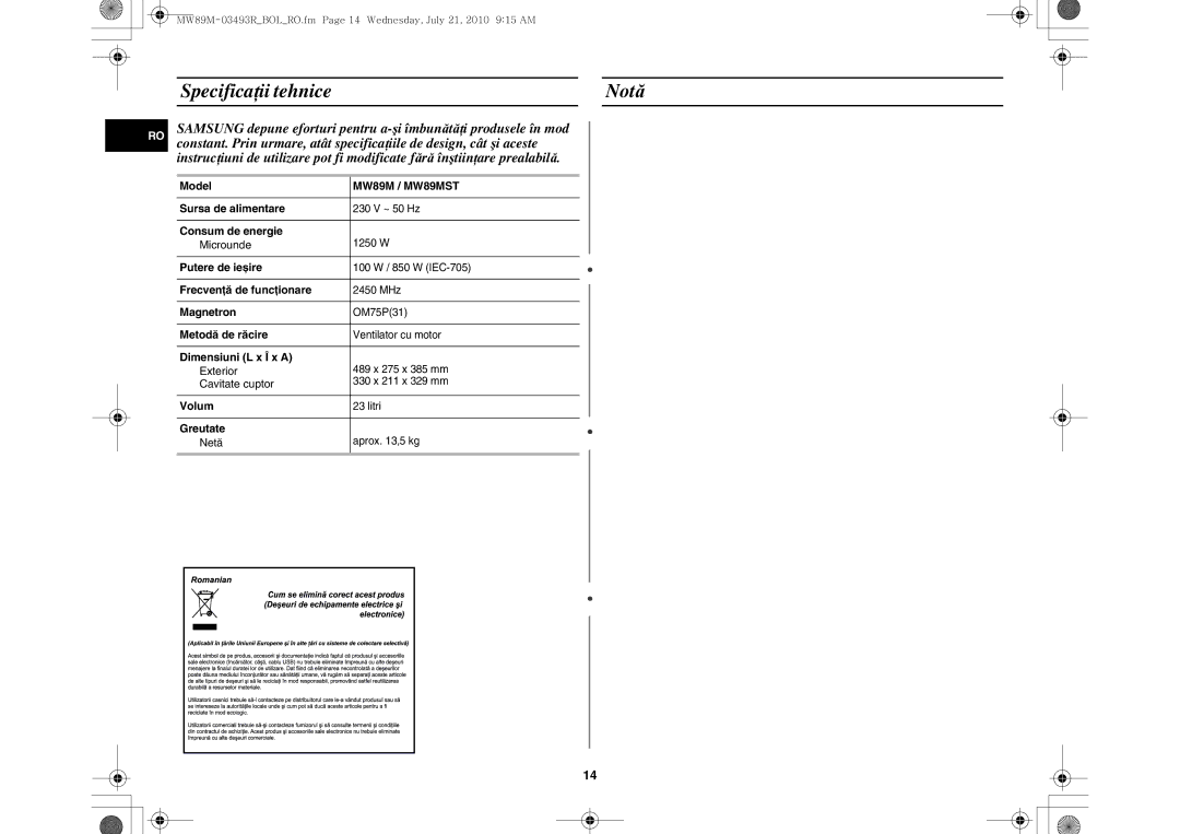 Samsung MW86N/XSG, MW86N/FAL manual Specificaţii tehniceNotă 