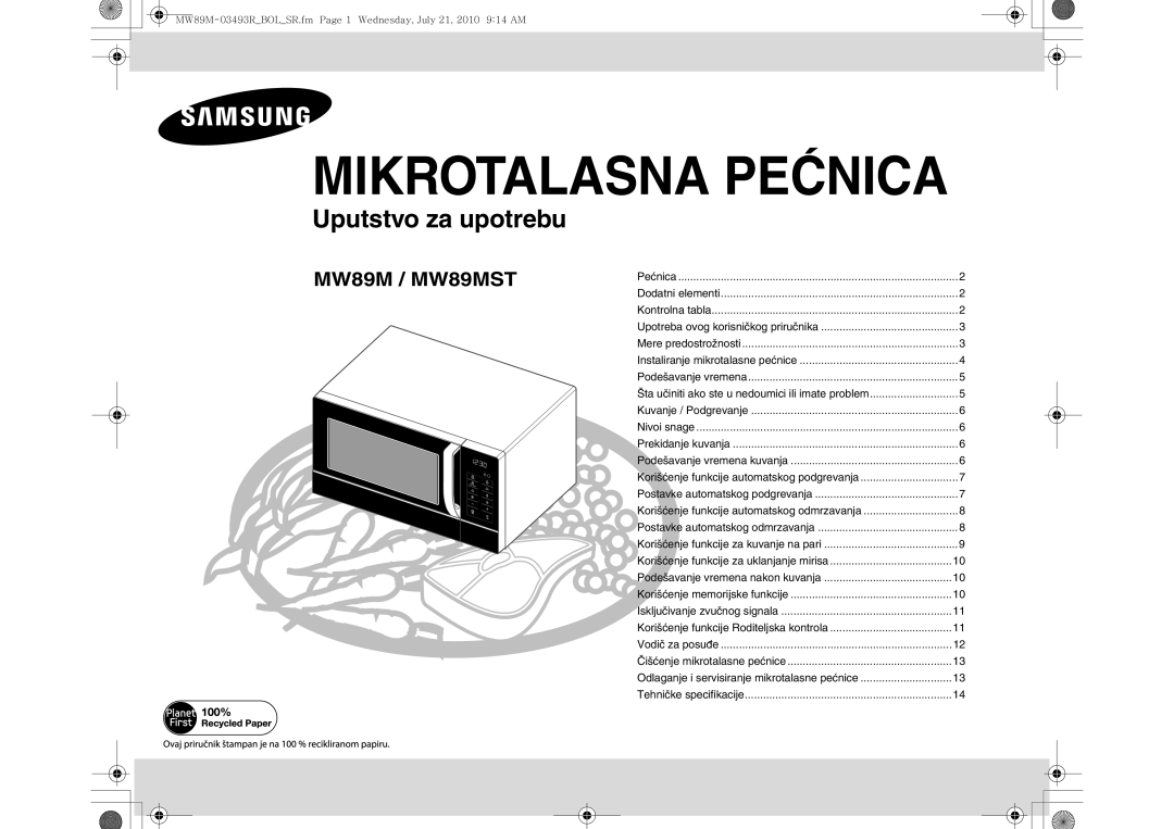 Samsung MW86N/FAL, MW86N/XSG manual Mikrotalasna Pećnica 