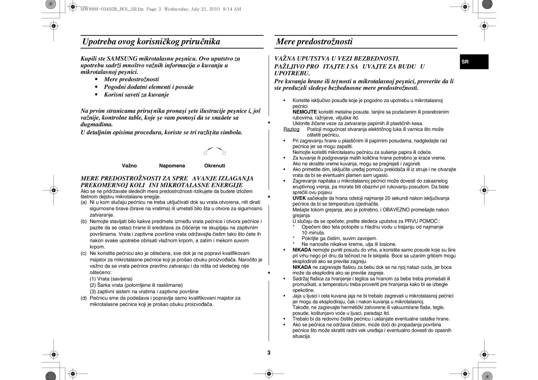 Samsung MW86N/FAL, MW86N/XSG manual Upotreba ovog korisničkog priručnika, Mere predostrožnosti, VažnoNapomena Okrenuti 