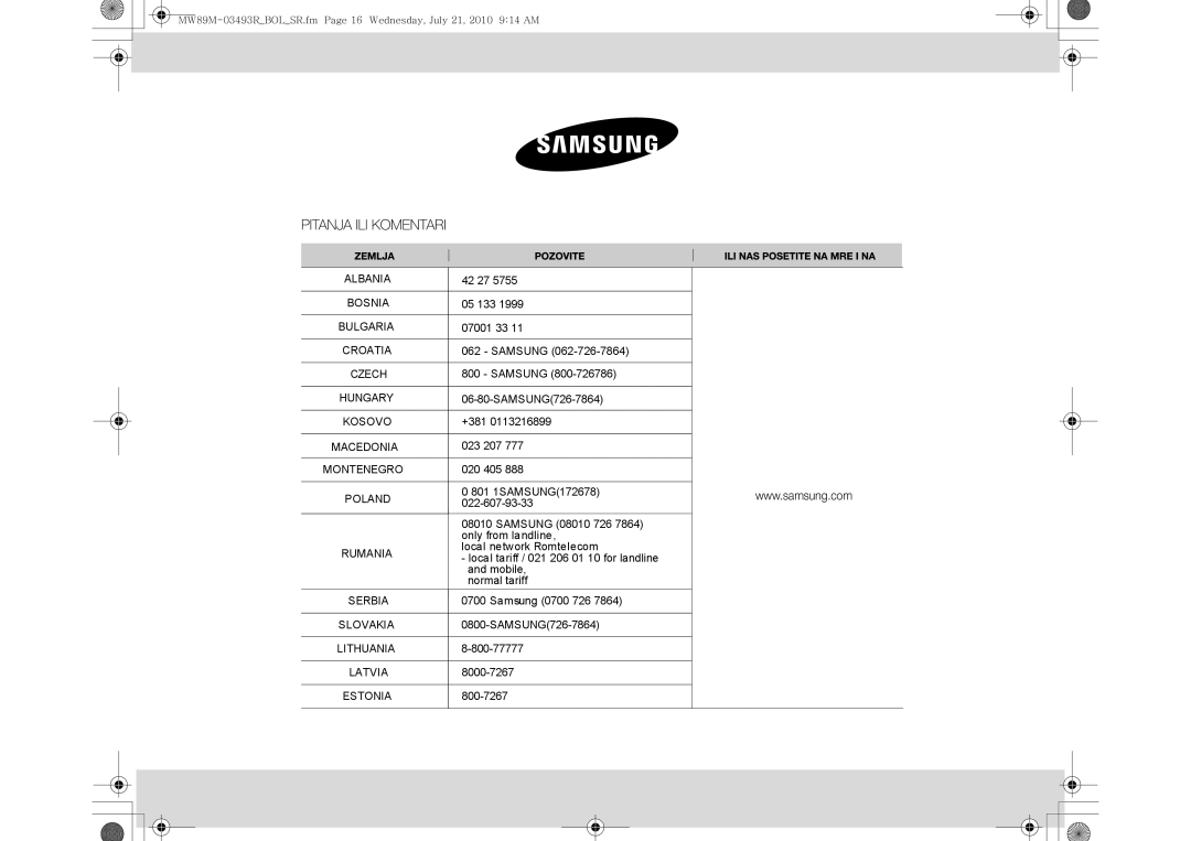 Samsung MW86N/XSG, MW86N/FAL manual Albania 