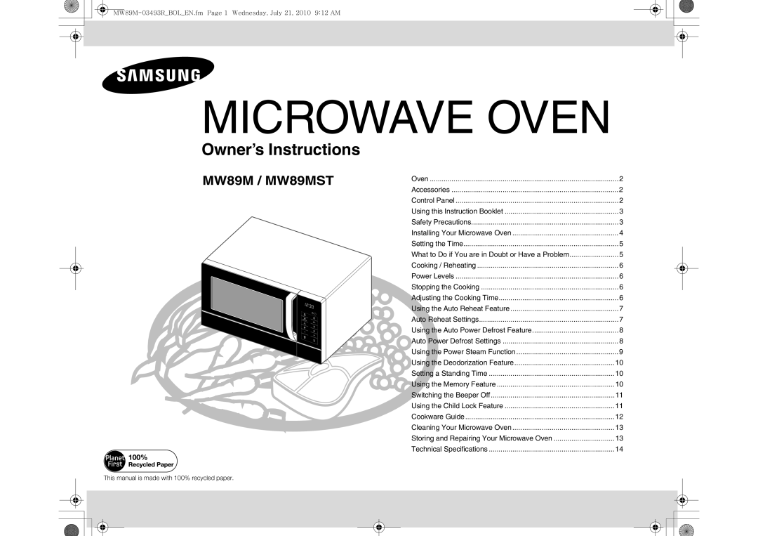 Samsung MW86N/FAL, MW86N/XSG manual Microwave Oven 