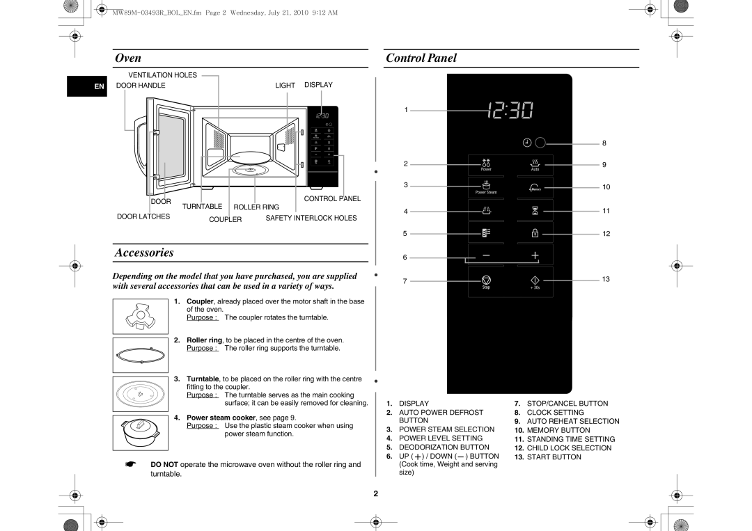 Samsung MW86N/XSG, MW86N/FAL manual Oven, Accessories, Control Panel 