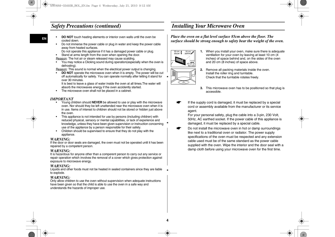 Samsung MW86N/XSG, MW86N/FAL manual Safety Precautions Installing Your Microwave Oven 