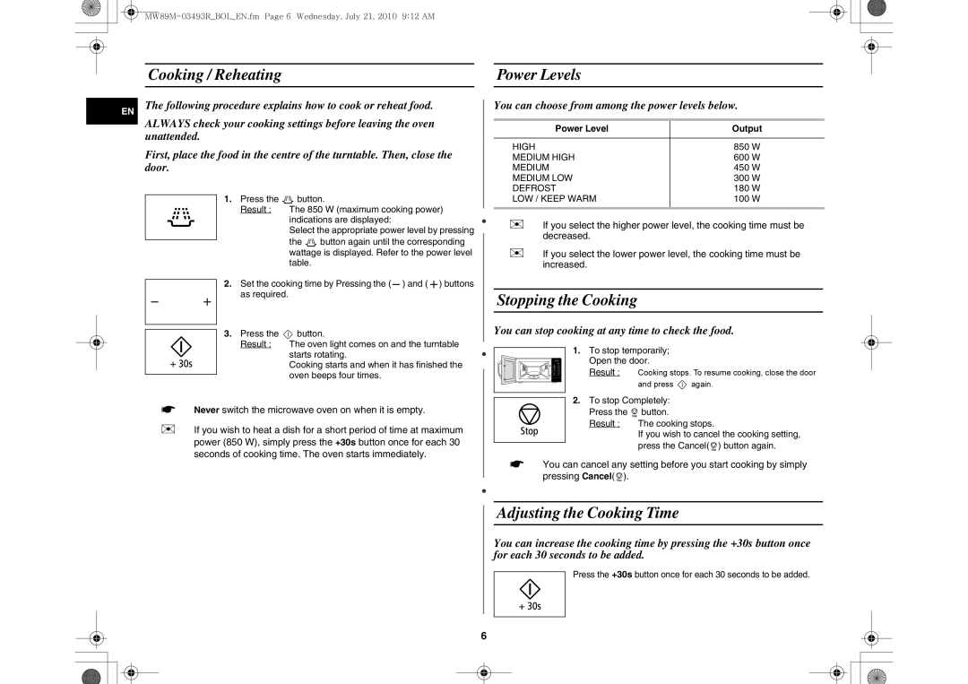 Samsung MW86N/XSG, MW86N/FAL manual Cooking / Reheating Power Levels, Stopping the Cooking, Adjusting the Cooking Time 