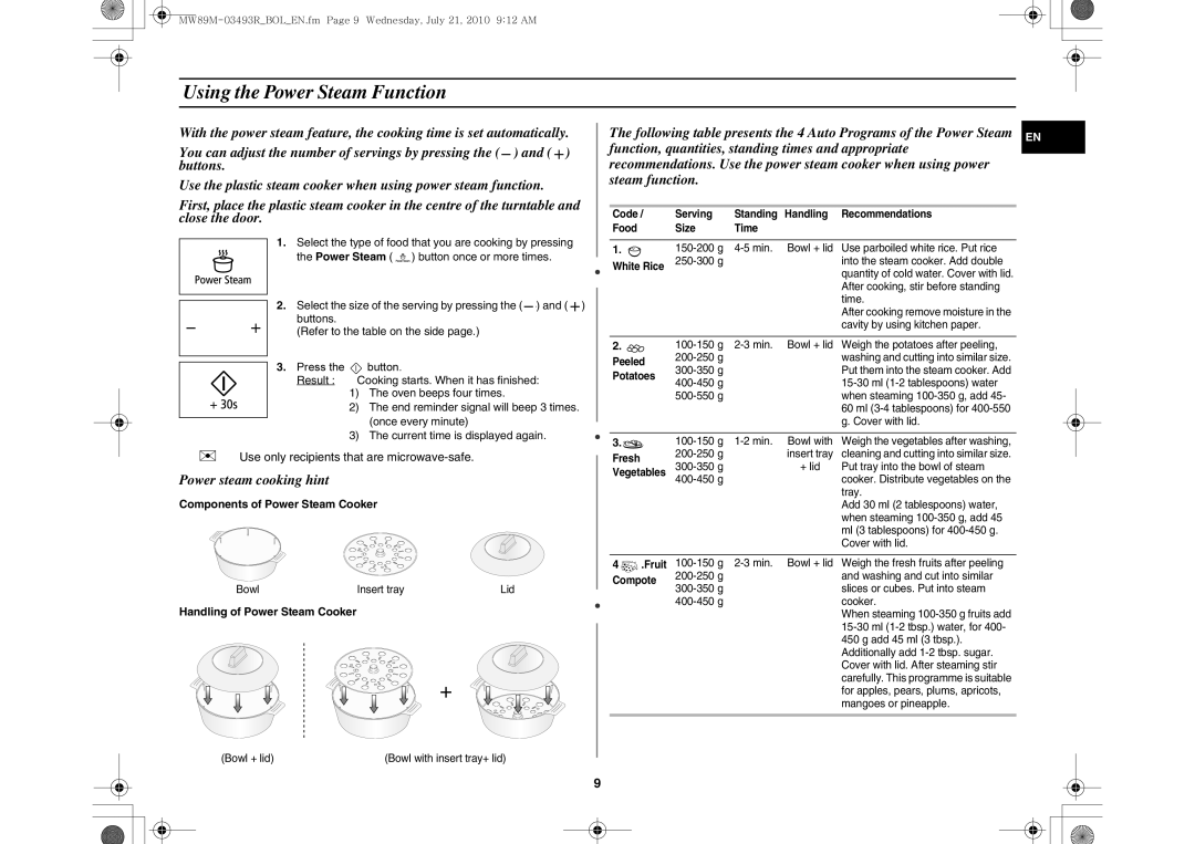 Samsung MW86N/FAL, MW86N/XSG manual Using the Power Steam Function, Power steam cooking hint 