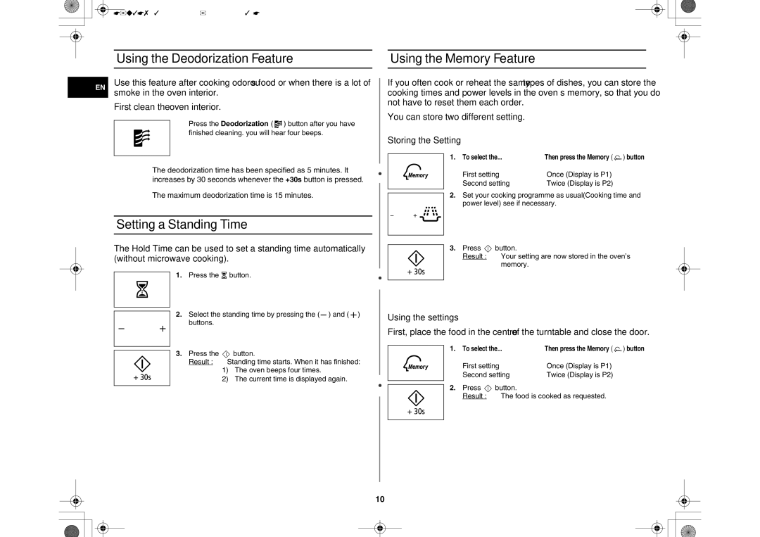 Samsung MW86N/XSG, MW86N/FAL manual Using the Deodorization Feature Using the Memory Feature, Setting a Standing Time 