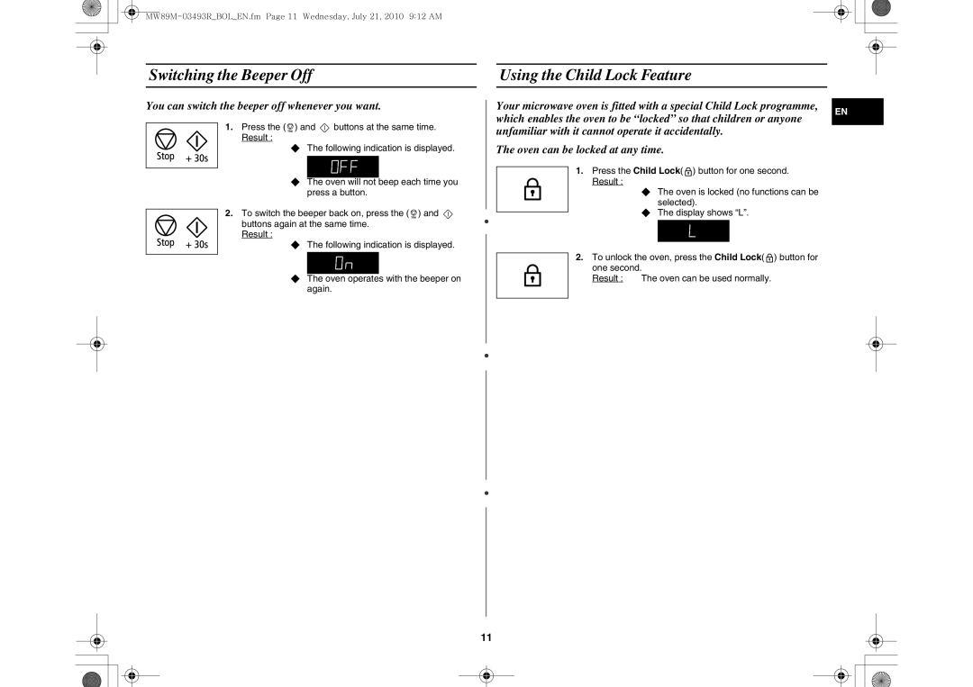 Samsung MW86N/FAL, MW86N/XSG manual Switching the Beeper Off Using the Child Lock Feature 