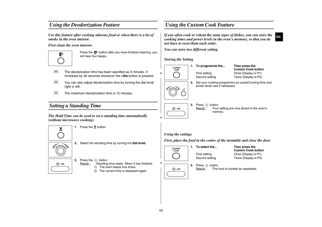 Samsung MW872-S/SLI manual Using the Deodorization Feature, Using the Custom Cook Feature, Setting a Standing Time 