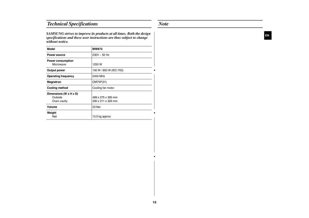 Samsung MW872-S/SLI manual Technical Specifications 