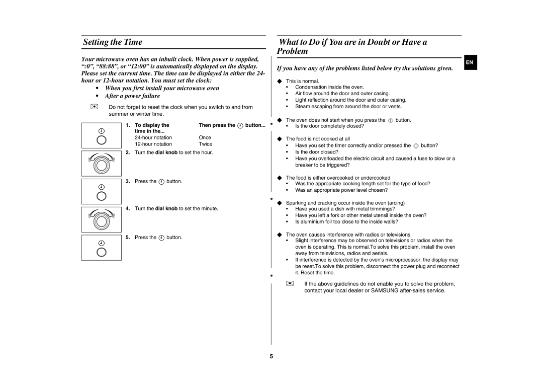 Samsung MW872-S/SLI manual Setting the Time, What to Do if You are in Doubt or Have a Problem, To display Then press 