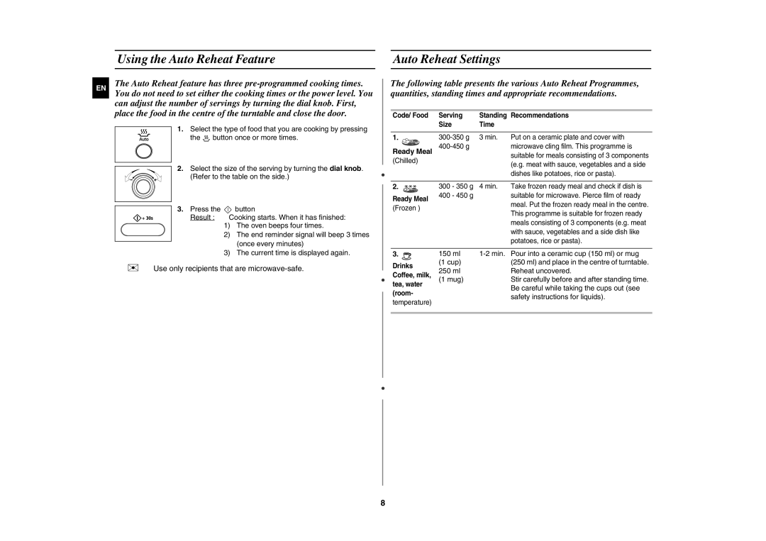 Samsung MW872-S/SLI manual Using the Auto Reheat Feature, Auto Reheat Settings, Ready Meal, Safety instructions for liquids 