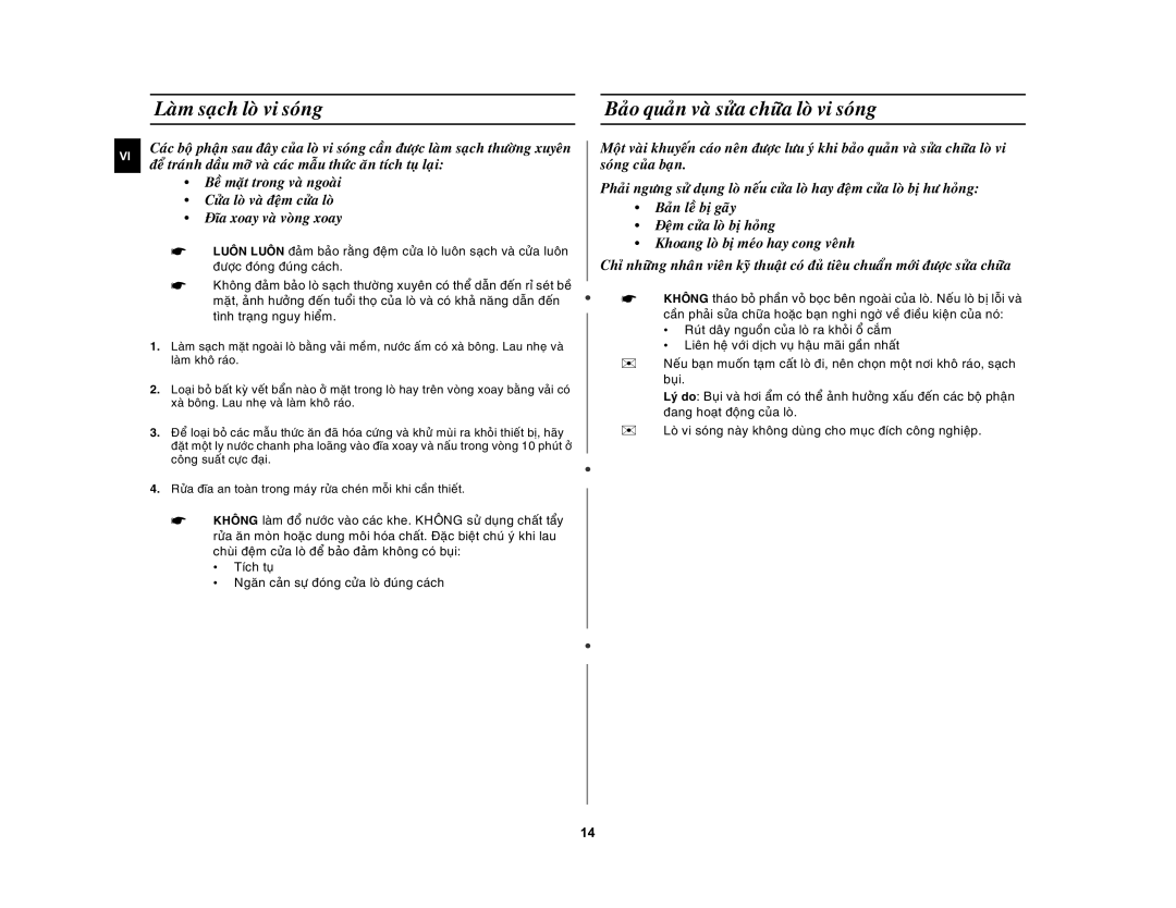 Samsung MW872-S/XSV manual Laøm saïch loø vi soùng, Baûo quaûn vaø söûa chöõa loø vi soùng 