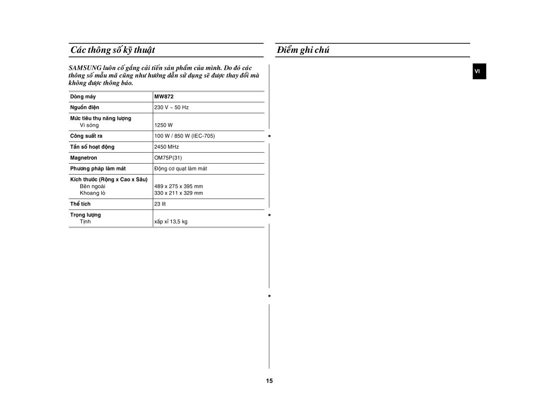 Samsung MW872-S/XSV manual Caùc thoâng soá kyõ thuaät Ñieåm ghi chuù, Vi soùng 