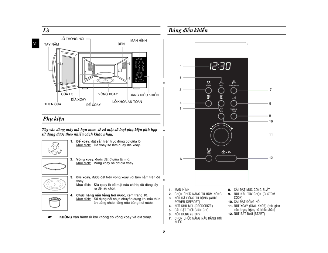 Samsung MW872-S/XSV manual Loø, Phuï kieän, Baûng ñieàu khieån, Chöùc naêng naáu baèng hôi nöôùc, xem trang 