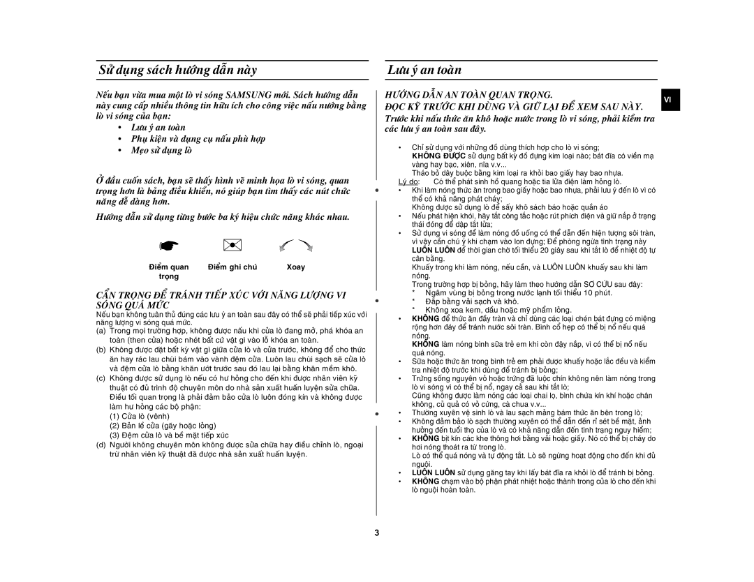 Samsung MW872-S/XSV manual Söû duïng saùch höôùng daãn naøy, Löu yù an toaøn, Ñieåm ghi chuù Xoay, Troïng 