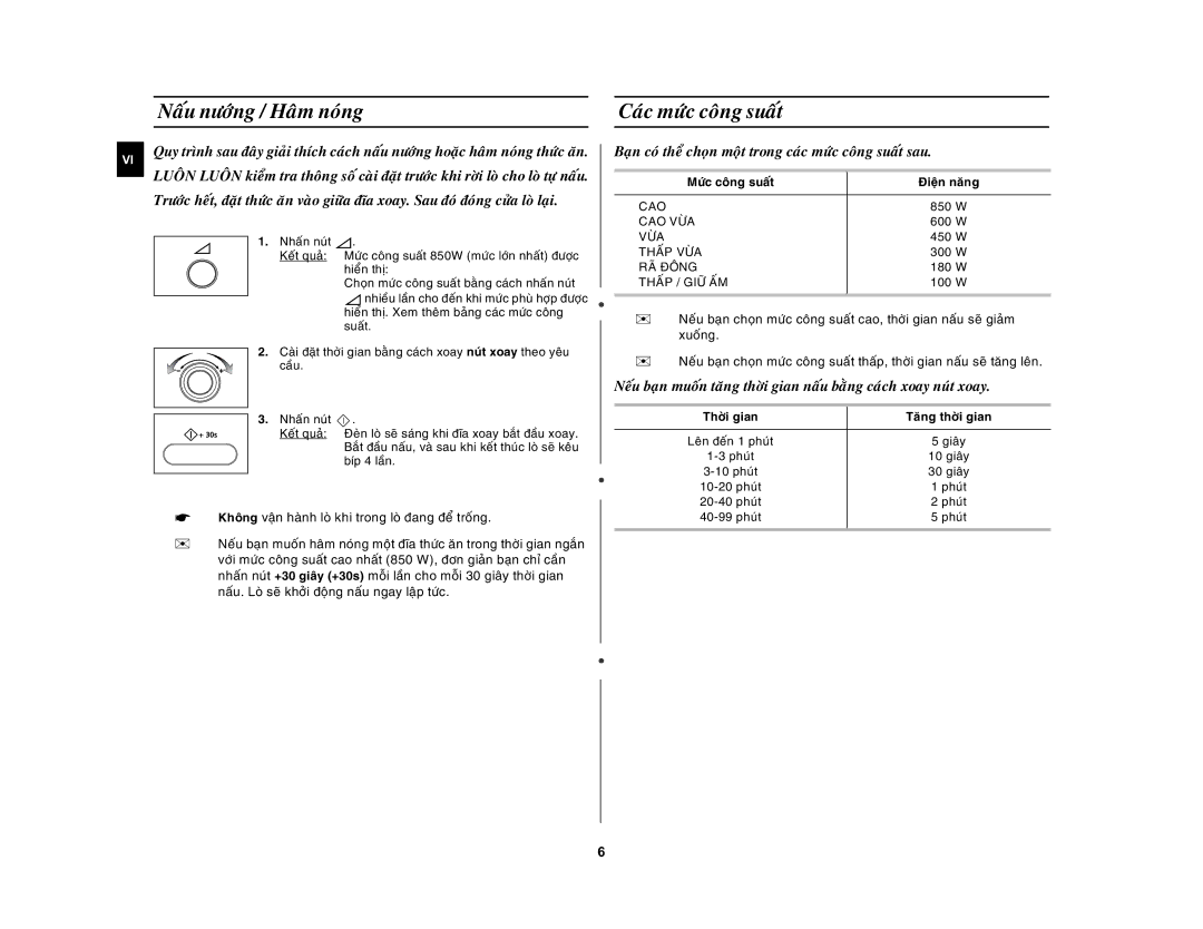 Samsung MW872-S/XSV manual Naáu nöôùng / Haâm noùng Caùc möùc coâng suaát, Möùc coâng suaát Ñieän naêng 