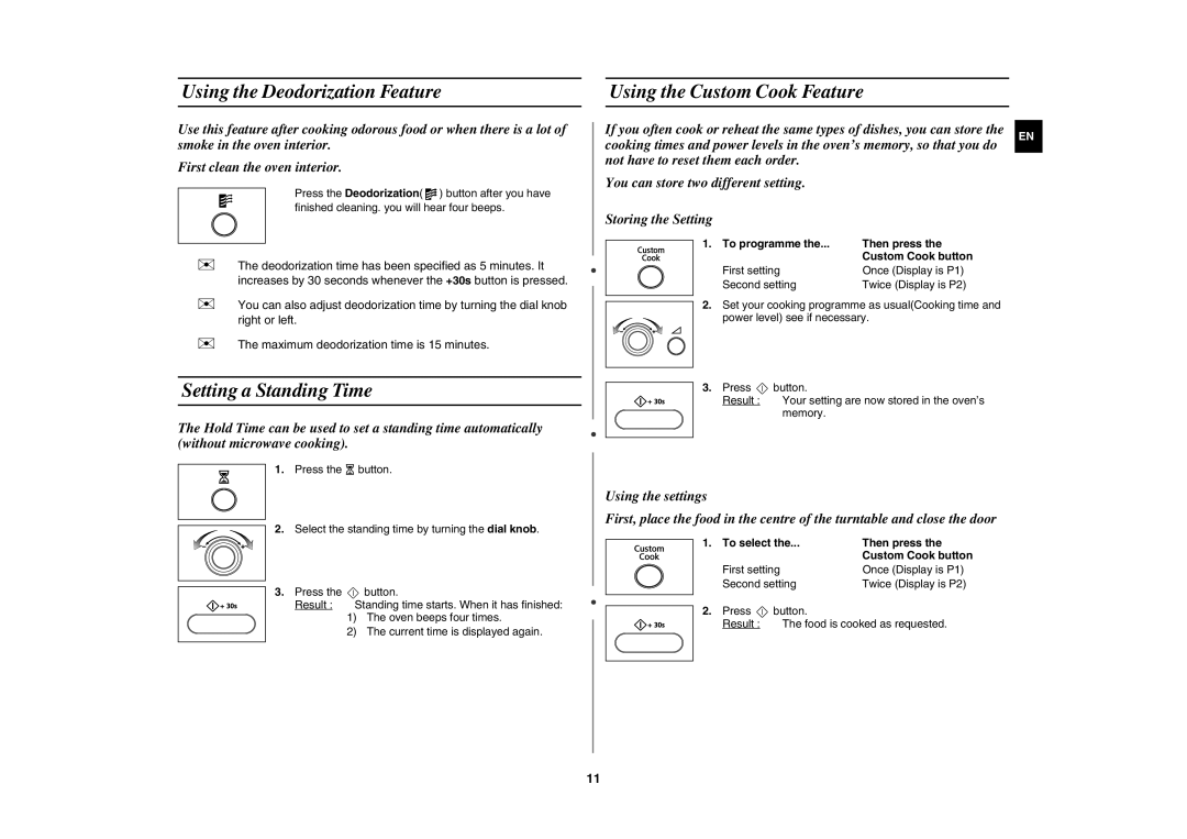 Samsung MW872-S/XSV manual Using the Deodorization Feature, Using the Custom Cook Feature, Setting a Standing Time 