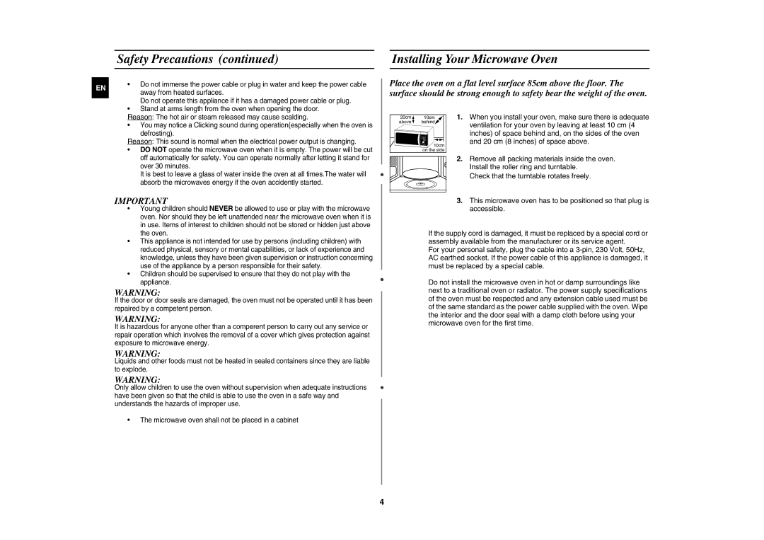 Samsung MW872-S/XSV manual Installing Your Microwave Oven 